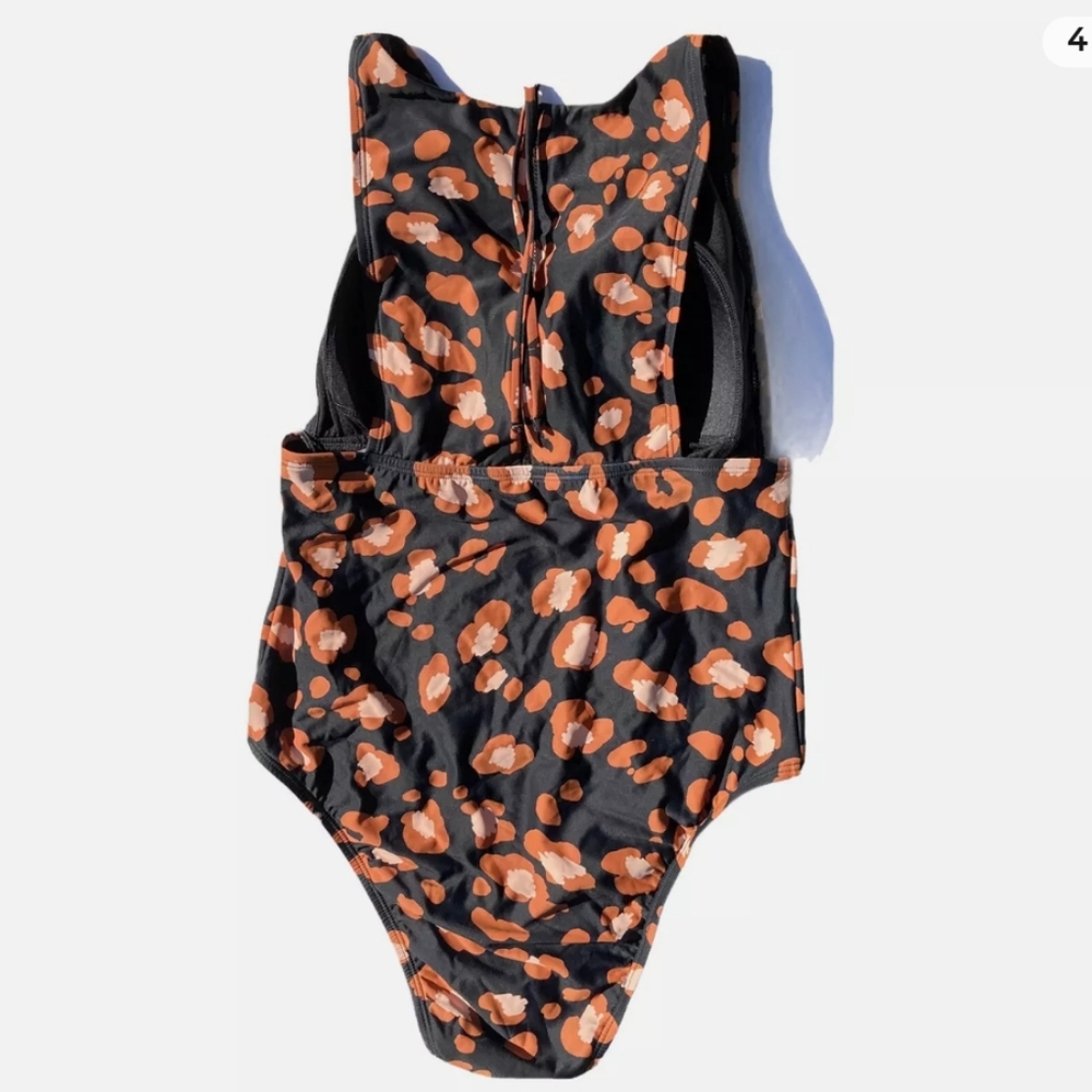 Shade & Shore Swimsuit One Piece L  Animal Print Cheeky High Neck Zip Ba…
